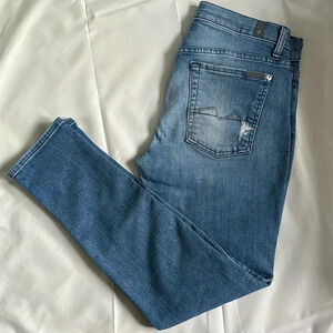 7 FOR ALL MANKIND Skinny Light Blue Stretch Mid-Rise Denim Jeans, Size 28